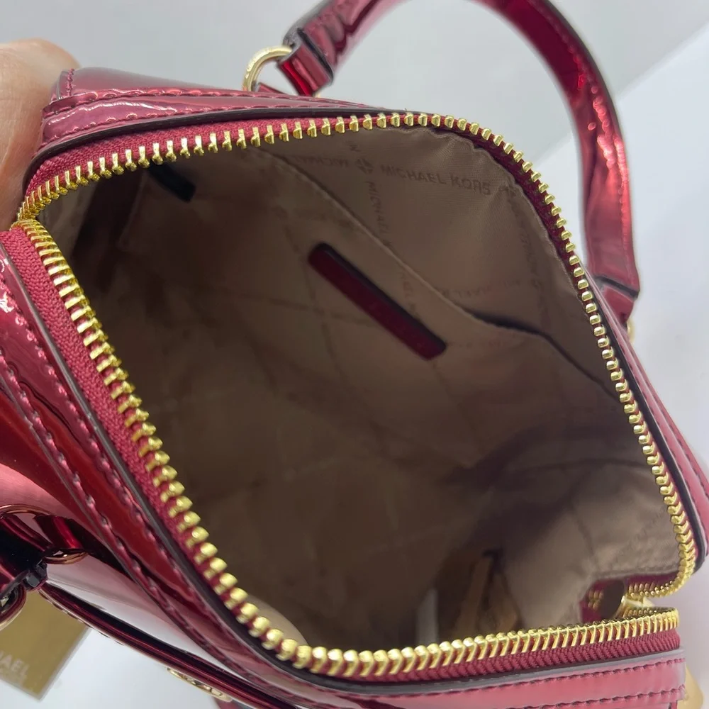 MICHAEL KORS Jet Set Sm Metallic Convertible Crossbody Duffle XBODY Cherry NWT